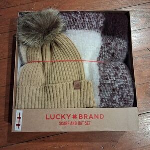 Lucky Brand Beige Hat and Patterned Scarf Set